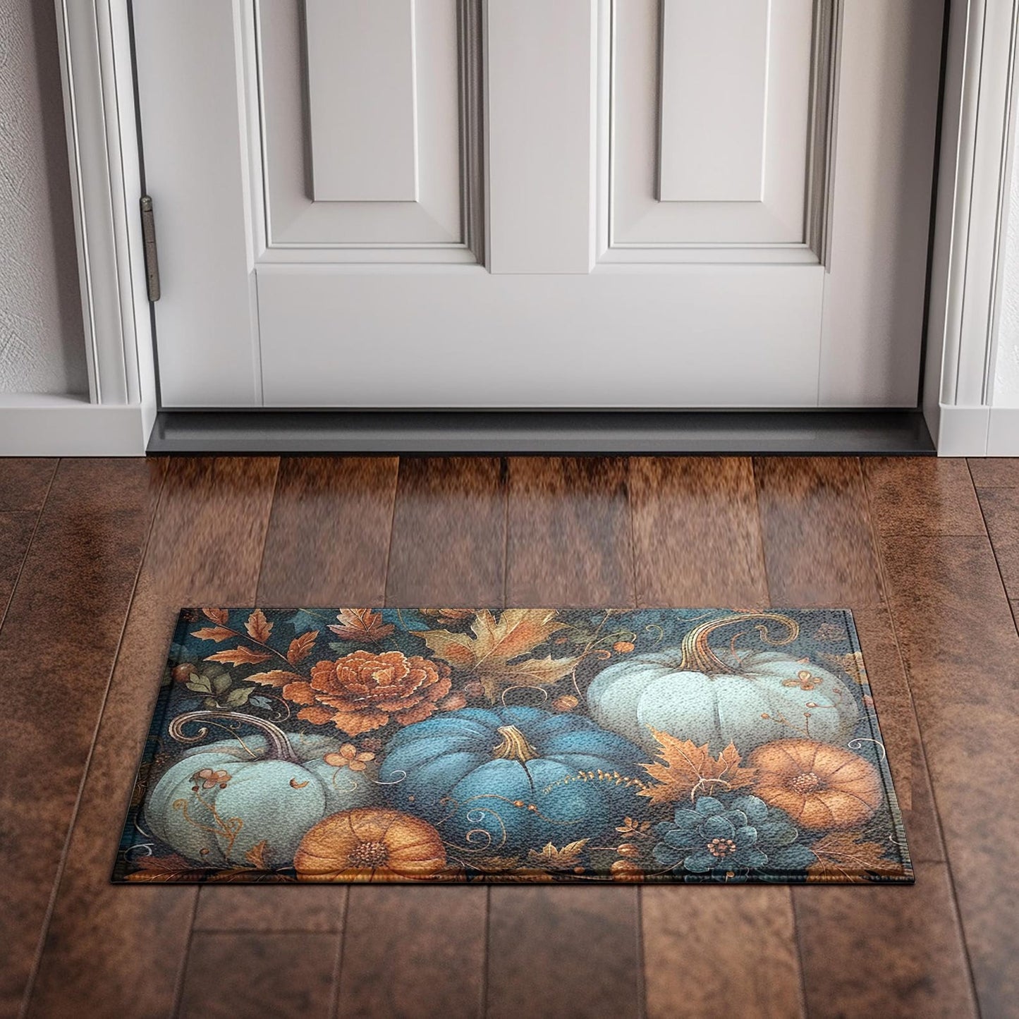 Teal Pumpkin Doormat, Autumn Harvest Entry Rug with Rustic Florals and Fall Leaves, Seasonal Indoor Outdoor Mat