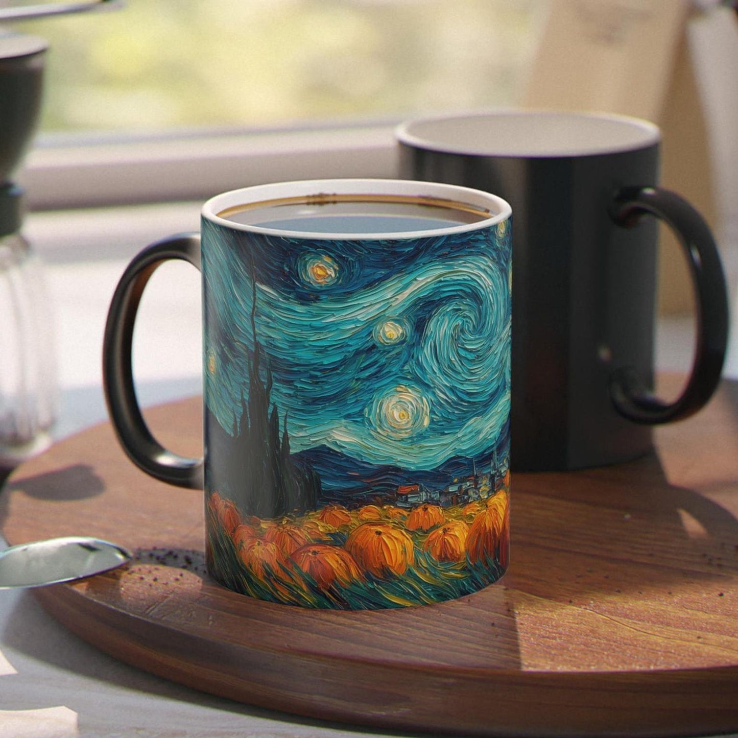 Starry Night Pumpkin Patch Color-Changing Mug, Heat Reveal Coffee Cup, 11oz, Home Decor, Art Enthusiasts, Office Essentials