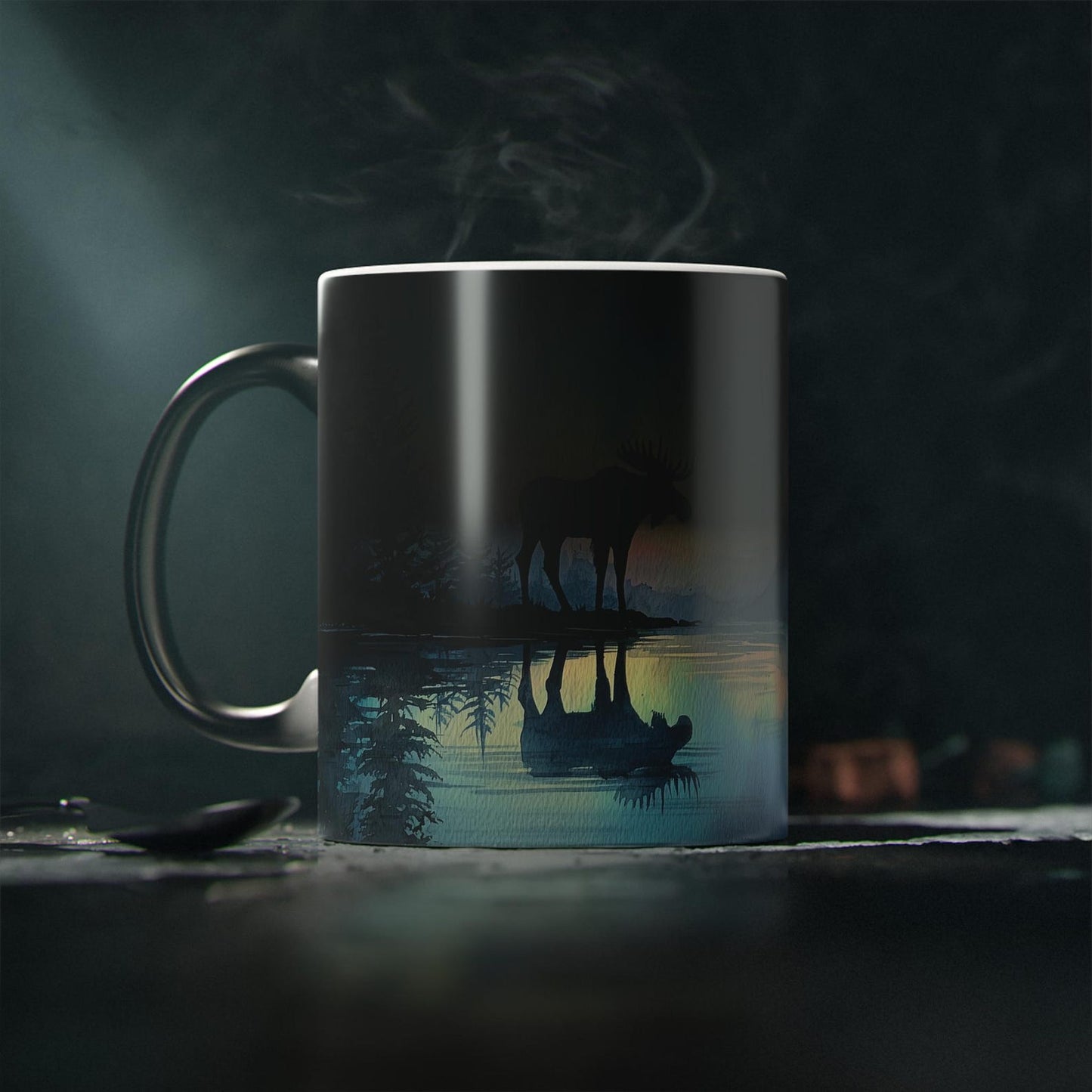 Northern Lights Moose Color-Changing Mug, Watercolor Art Style, Heat Reveal Coffee Cup 11oz