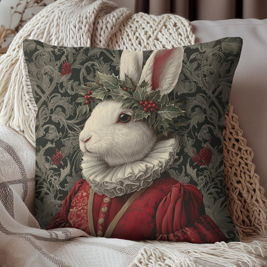 Christmas Rabbit Pillow, Holiday Bunny Cushion, William Morris Inspired Festive Animal Throw Pillow for Cottagecore & Cozy Winter Décor