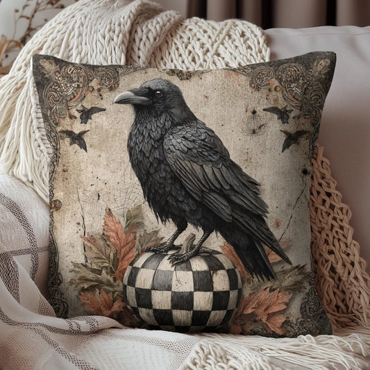 Halloween Raven Pillow, Gothic Crow Cushion, Vintage Dark Academia Throw Pillow with Pumpkin & Autumn Leaves Décor