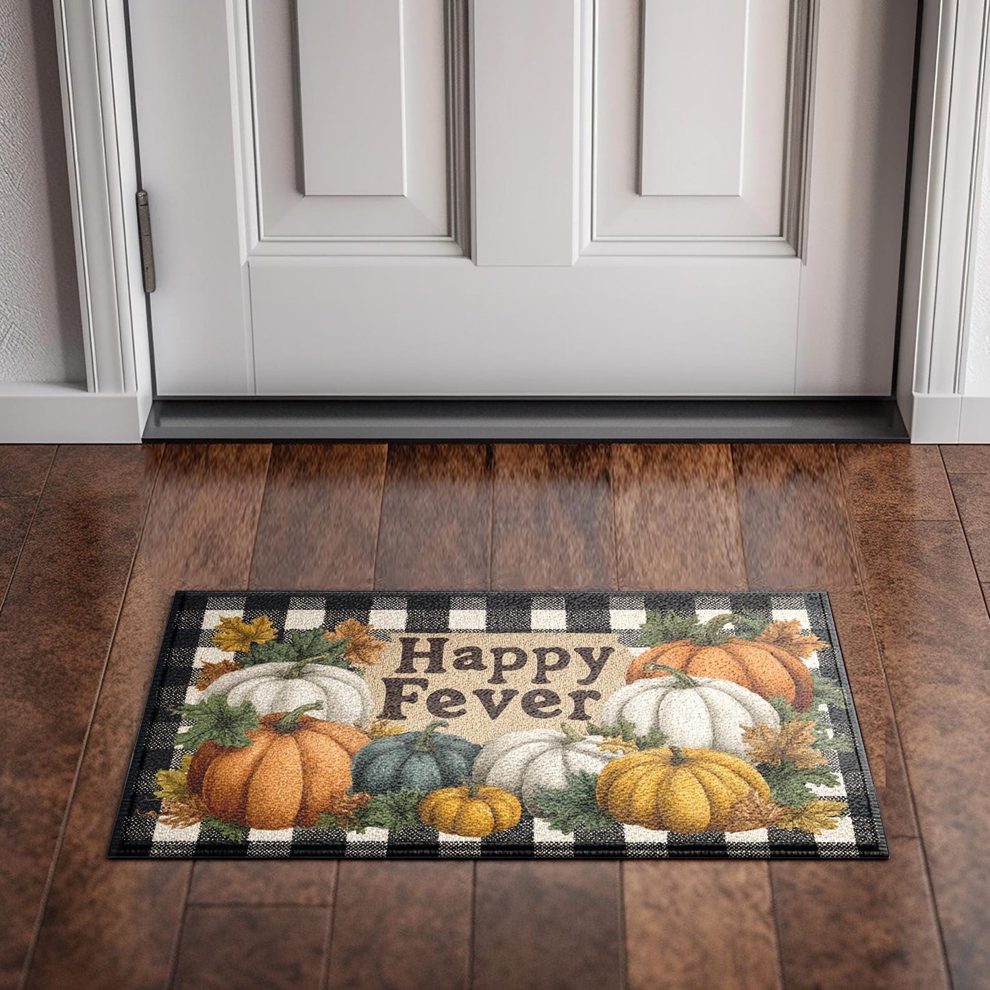 Fall Pumpkin Plaid Doormat, Rustic Autumn Welcome Mat, Indoor/Outdoor Farmhouse Entry Rug