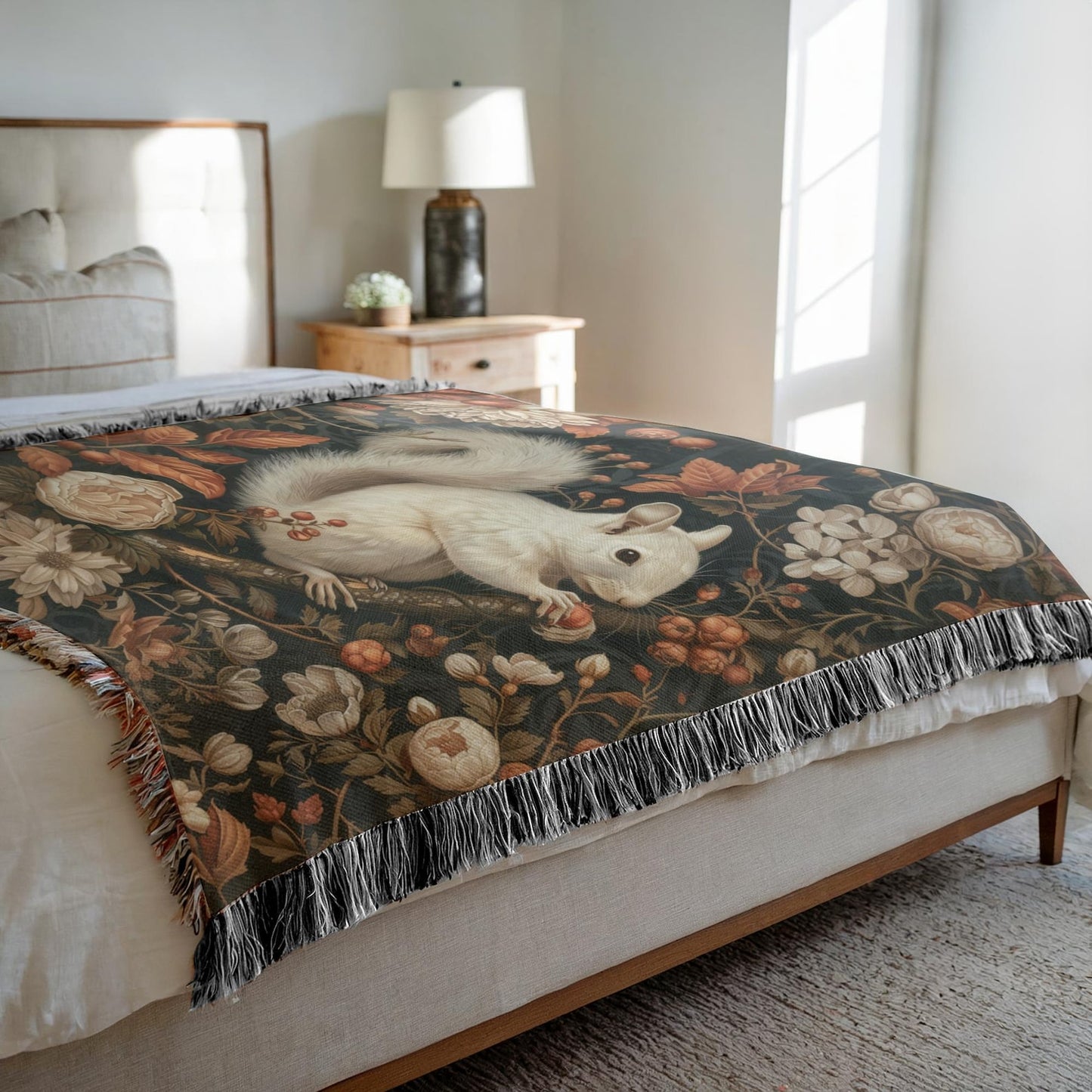 William Inspired Woodland White Squirrel Fall Autumn Forest Woven Blanket, Cozy Fall Home Decor Cotton Blanket