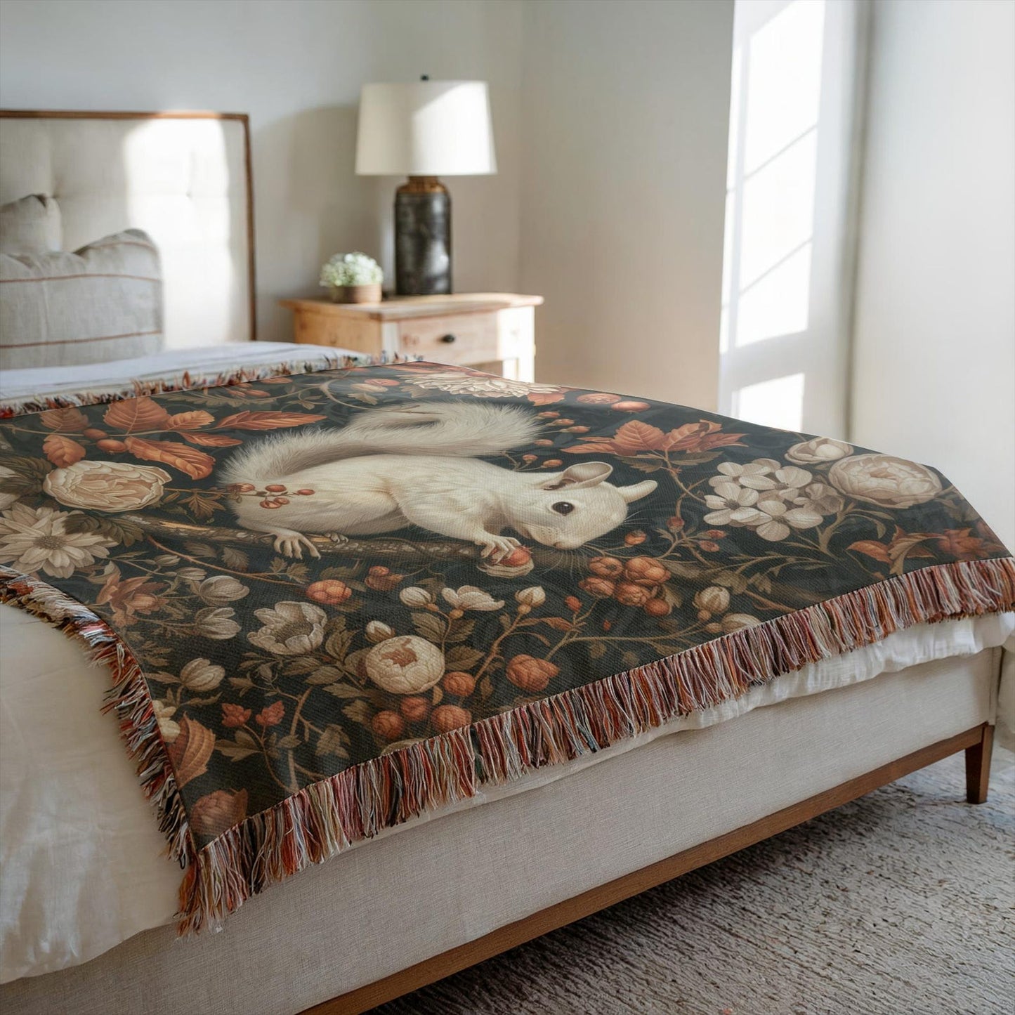 William Inspired Woodland White Squirrel Fall Autumn Forest Woven Blanket, Cozy Fall Home Decor Cotton Blanket