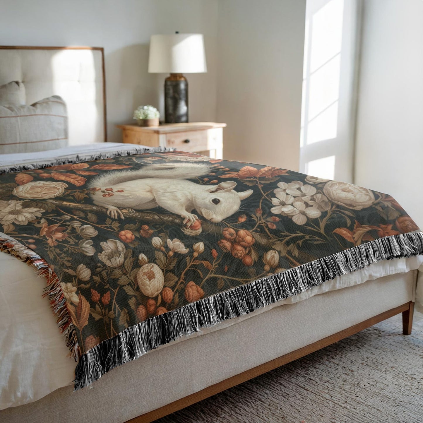 William Inspired Woodland White Squirrel Fall Autumn Forest Woven Blanket, Cozy Fall Home Decor Cotton Blanket