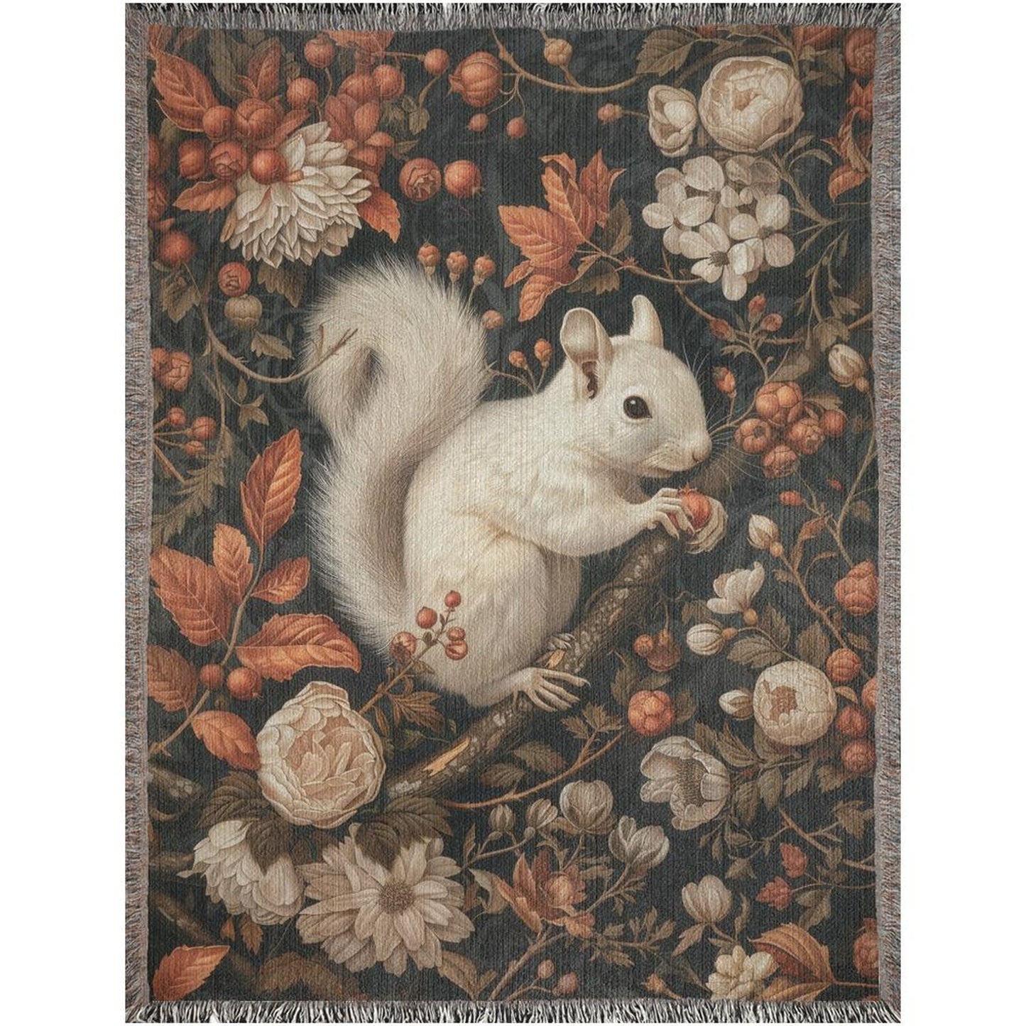 William Inspired Woodland White Squirrel Fall Autumn Forest Woven Blanket, Cozy Fall Home Decor Cotton Blanket