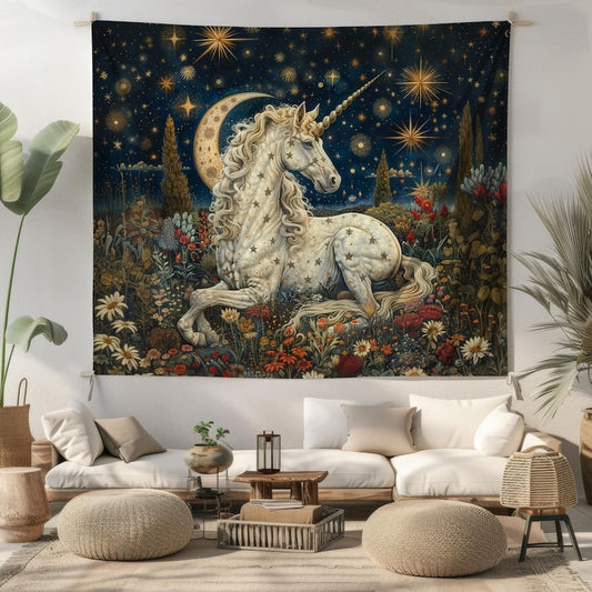 Tapestry of Crescent Moon Whimsical Night White Unicorn Tapestry Wall Art | Cottagecore Hanging and Home Decor