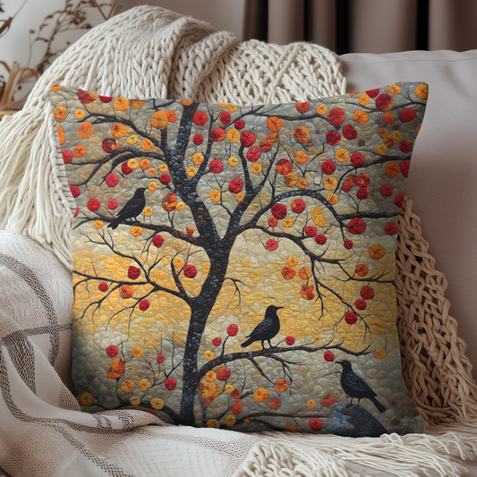 Crows With Autumn OakTree Decorative Pillow, Mosaic Art Style, Fall Pillow Home Decor