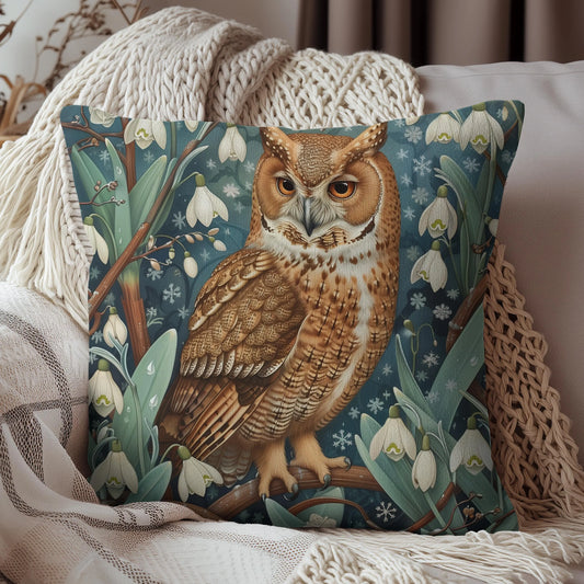 Winter Owl Snowdrop Floral pillow, Vintage Woodland Decor, Dark Academia Throw Pillow, Nature-Inspired Art