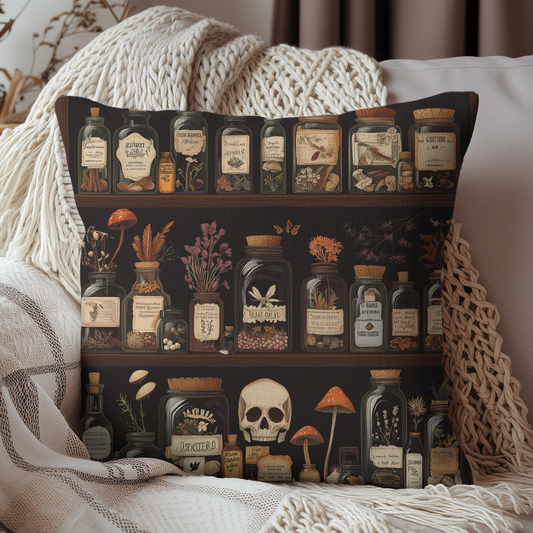 Gothic Apothecary Pillow, Witchcraft Potion Shelf Dark Academia Throw Cushion, Spooky Halloween Decor