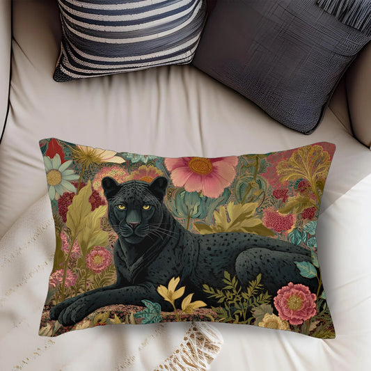 Black Panther Lumbar Pillow, Jungle Floral Cushion, Exotic Wildlife Decorative Accent