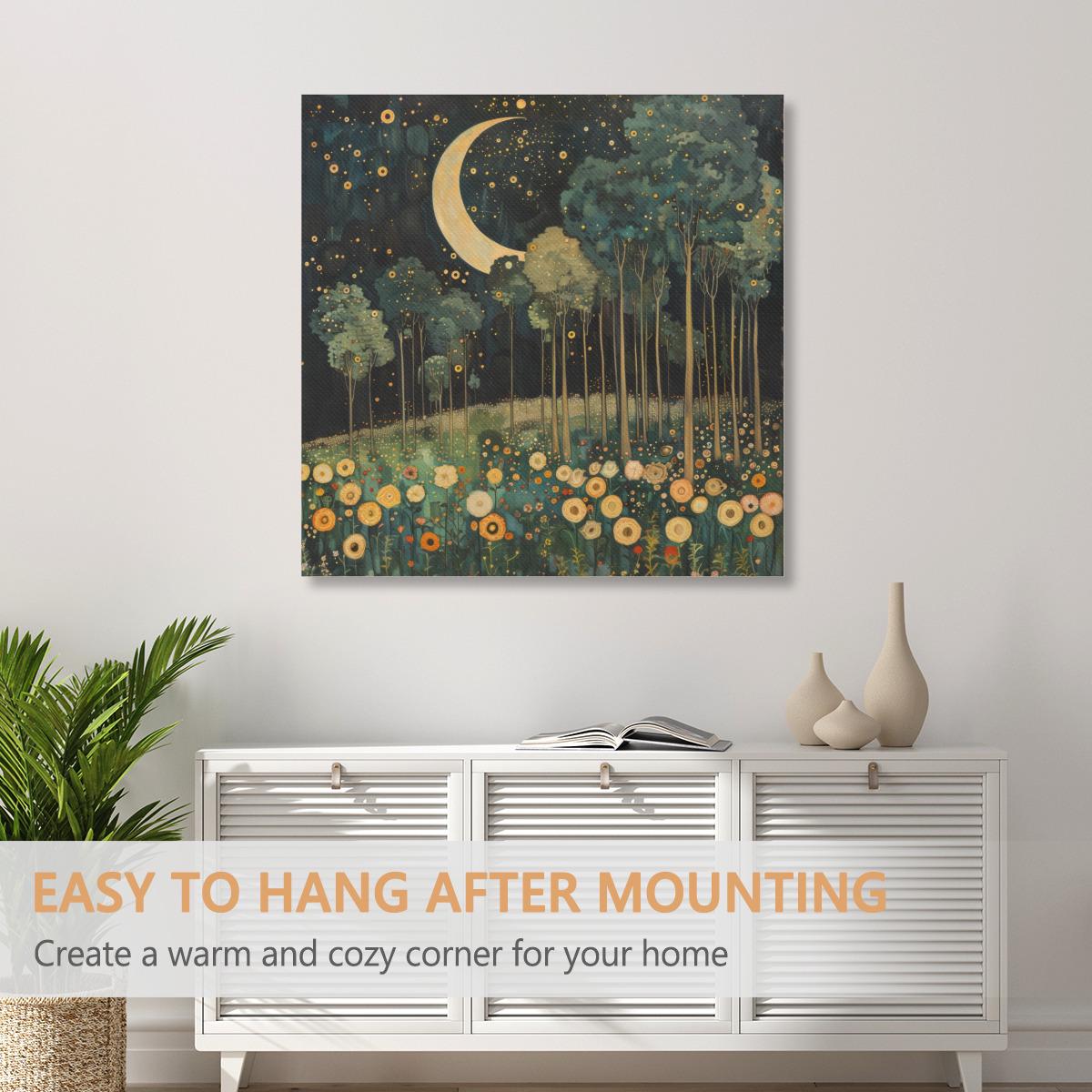 Moonlit Meadow Dreamscape | Matte Canvas Wall Art, Stretched, 1.25" | Starry Night Forest & Flowers Print
