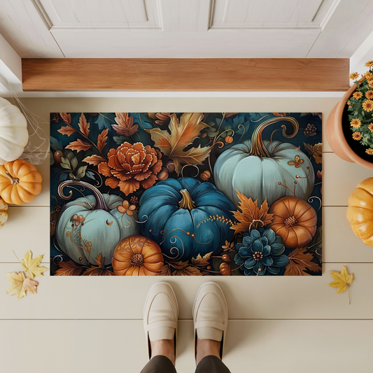 Teal Pumpkin Doormat, Autumn Harvest Entry Rug with Rustic Florals and Fall Leaves, Seasonal Indoor Outdoor Mat