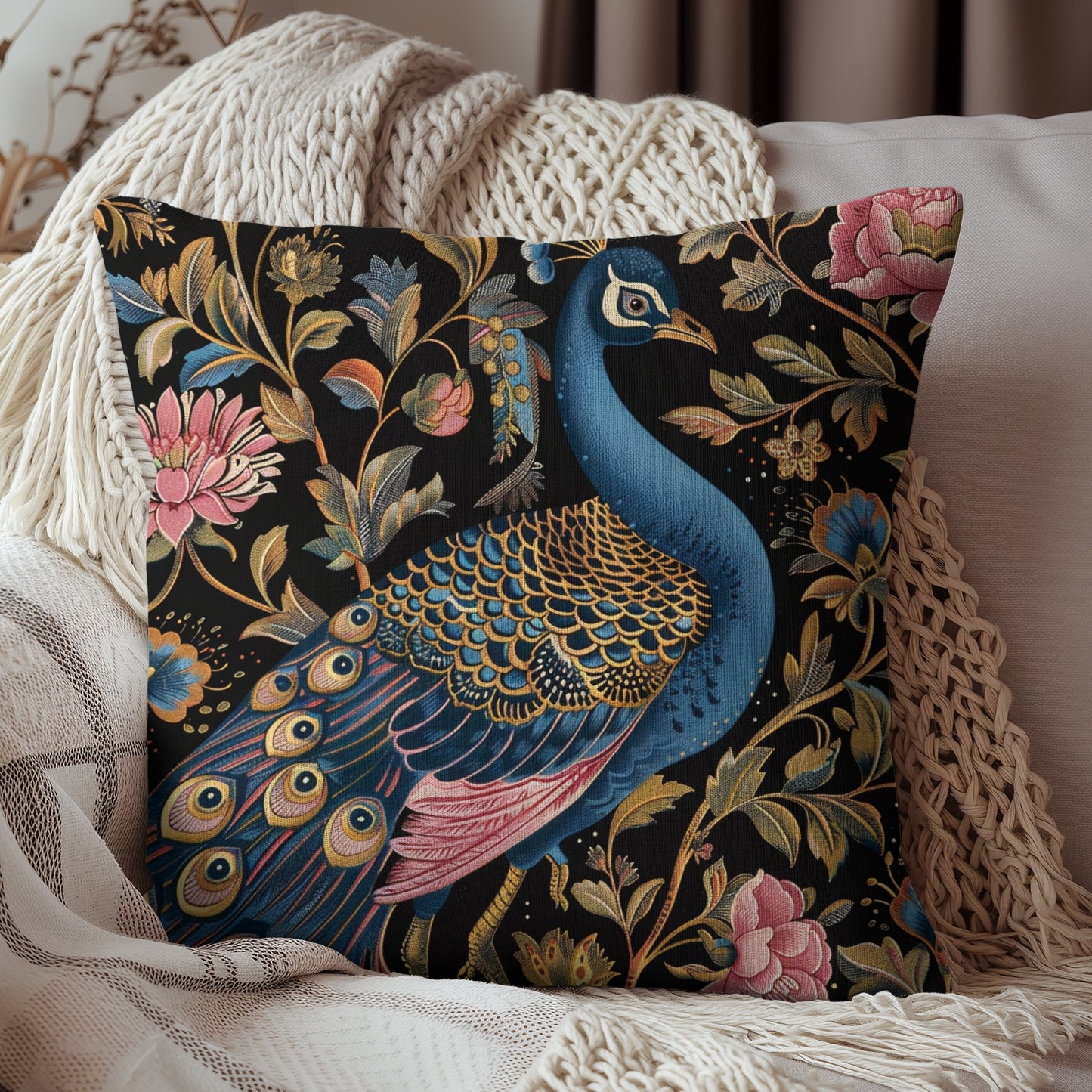 William Morris Inspired Peacock Pillow, Forest Floral Art, Decorative Peacock Spun Polyester Square Pillow