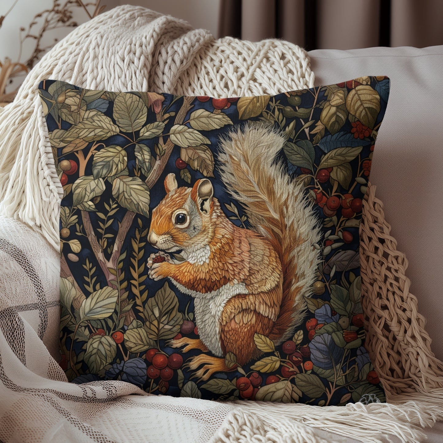 William Morris Inspired Squirrel Berry, Ancient Decorative Pillow