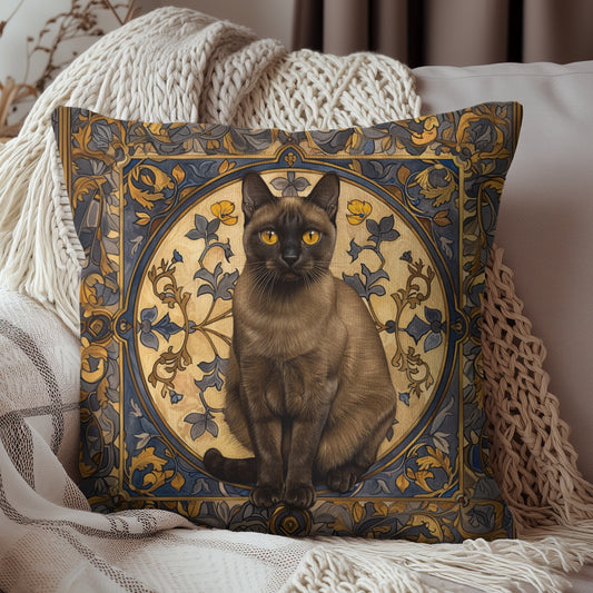 Art Deco Burmese Cat Decorative Pillow | William Morris Inspired | Cottage-core Pillow