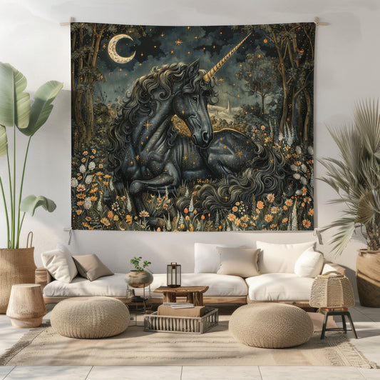 Victorian Black Unicorn Whimsical Night William Morris Inspired Tapestry Wall Art