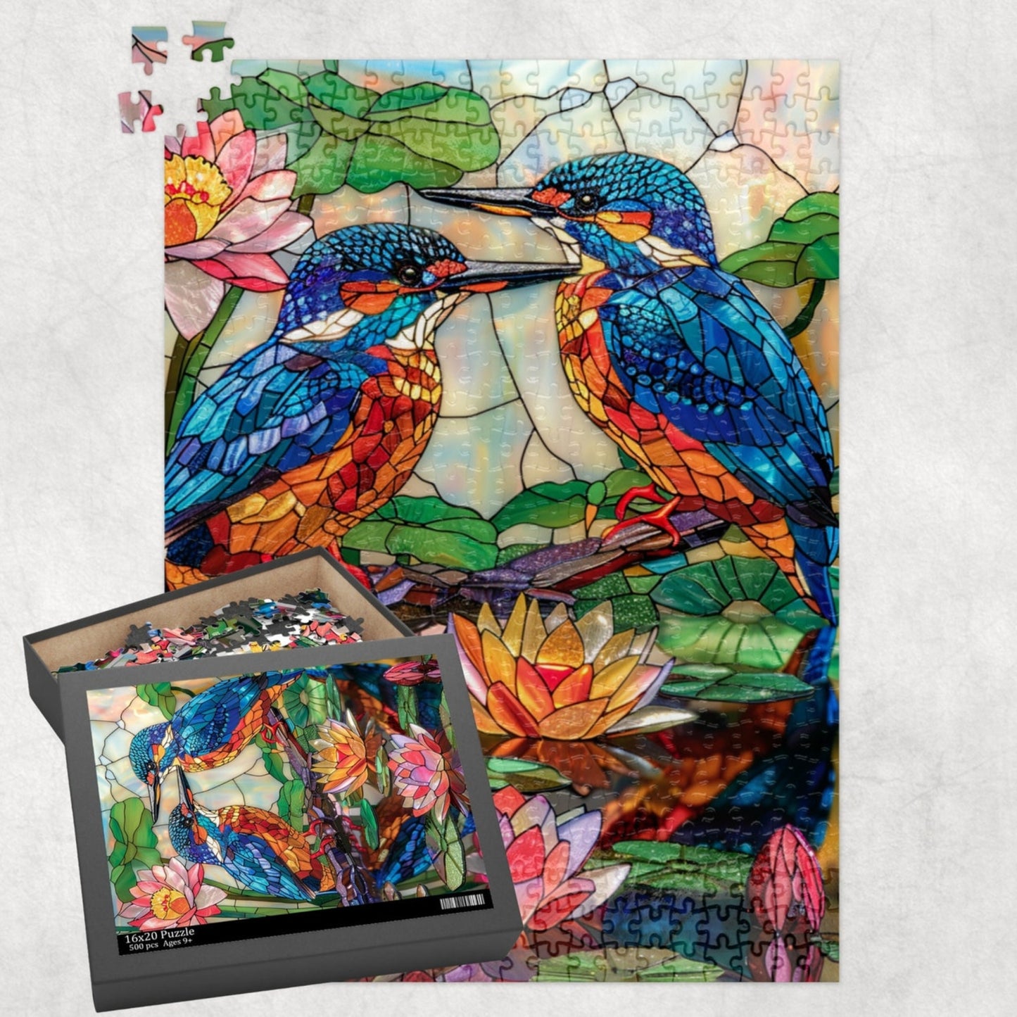 Faux Stained Glass Kingfishers Water Lily Puzzle Box (120, 252, 500-Piece) Family Jigsaw Puzzle, Puzzle Box Gift