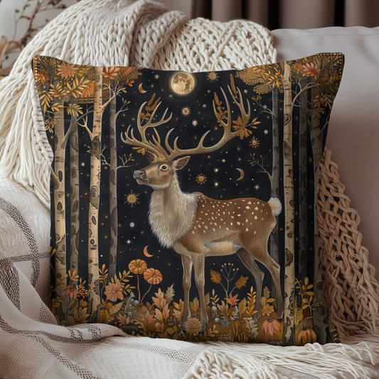 Victorian Reindeer Full Moon And Stars in Whimsical Night Pillow Home Decor, Spun Polyester Square Pillow