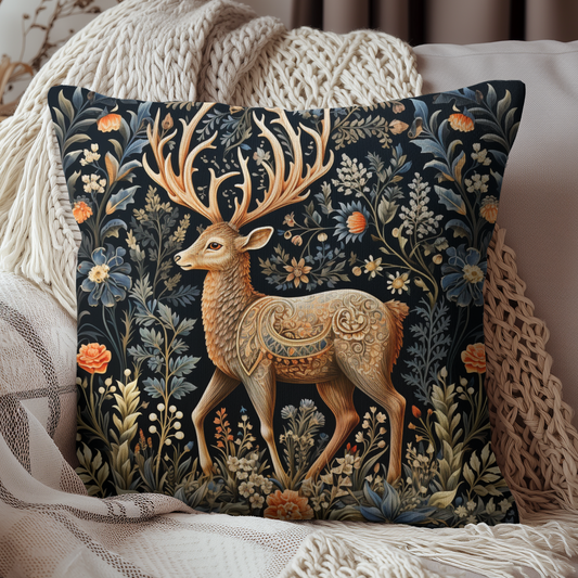 William Morris Inspired Victorian Forest Deer, Cottagecore Decorative Pillow, Home Decor Accent