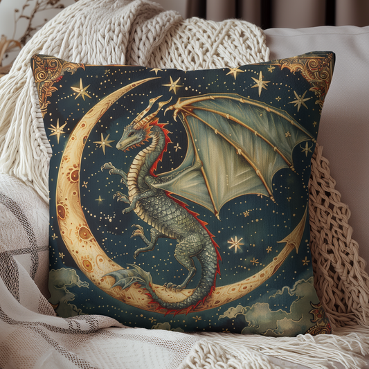 Dragon Moon Decorative Pillow, William Morris Inspired Vintage Home Decor, Magical Crescent Moon Cushion, Spun Polyester Square Pillow,