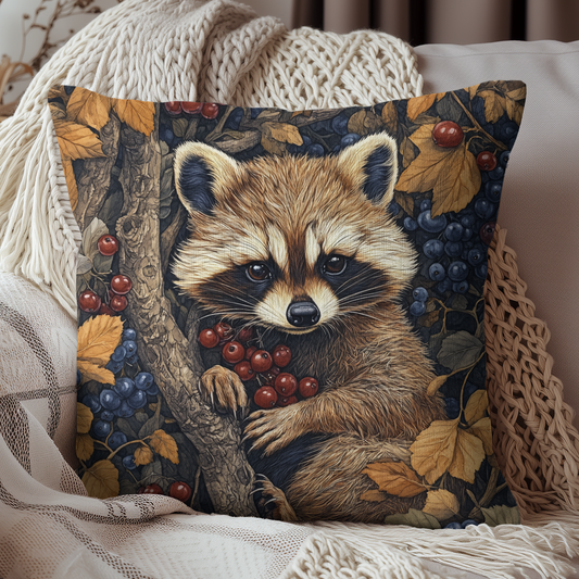 William Morris Inspired Woodland Raccoon Berry Decorative Pillow | Cottage-core Pillow