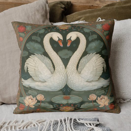 Art Nouveau White Swans Lotus Flowers William Morris Inspired Decorative Pillow, Home Decor