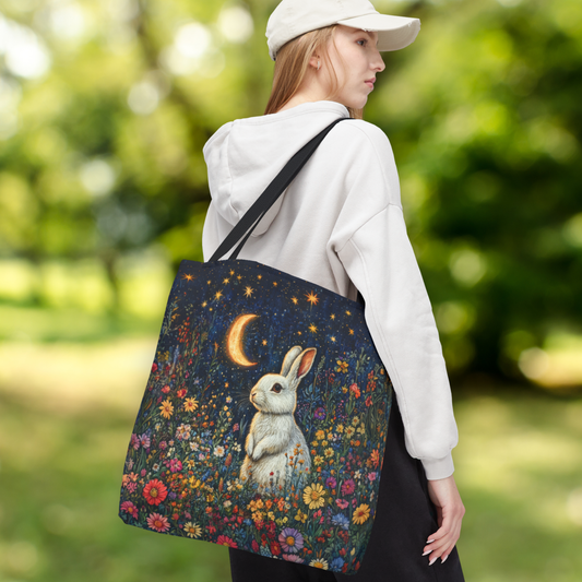 William Morris Inspired Moonlit Bunny Tote Bag, Celestial Rabbit Floral Market Bag