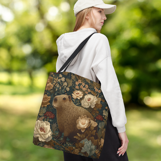 Woodland Capybara Floral Tote | Vintage Botanical Animal Print