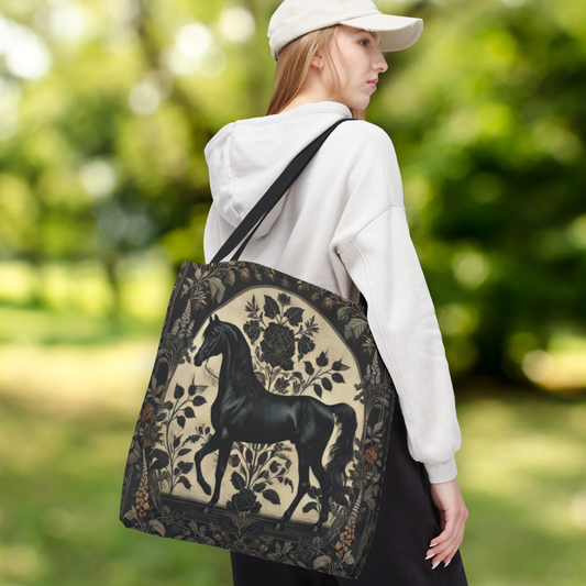 William Morris Inspired Elegant Arabian Black Horse Tote Bag | Gothic Floral Equestrian Market Bag