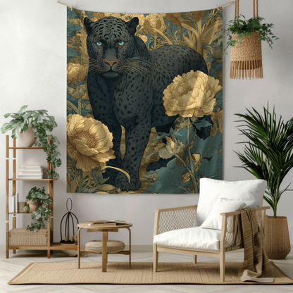 Midnight Panther Floral Tapestry, Blue & Gold Botanical Wall Hanging