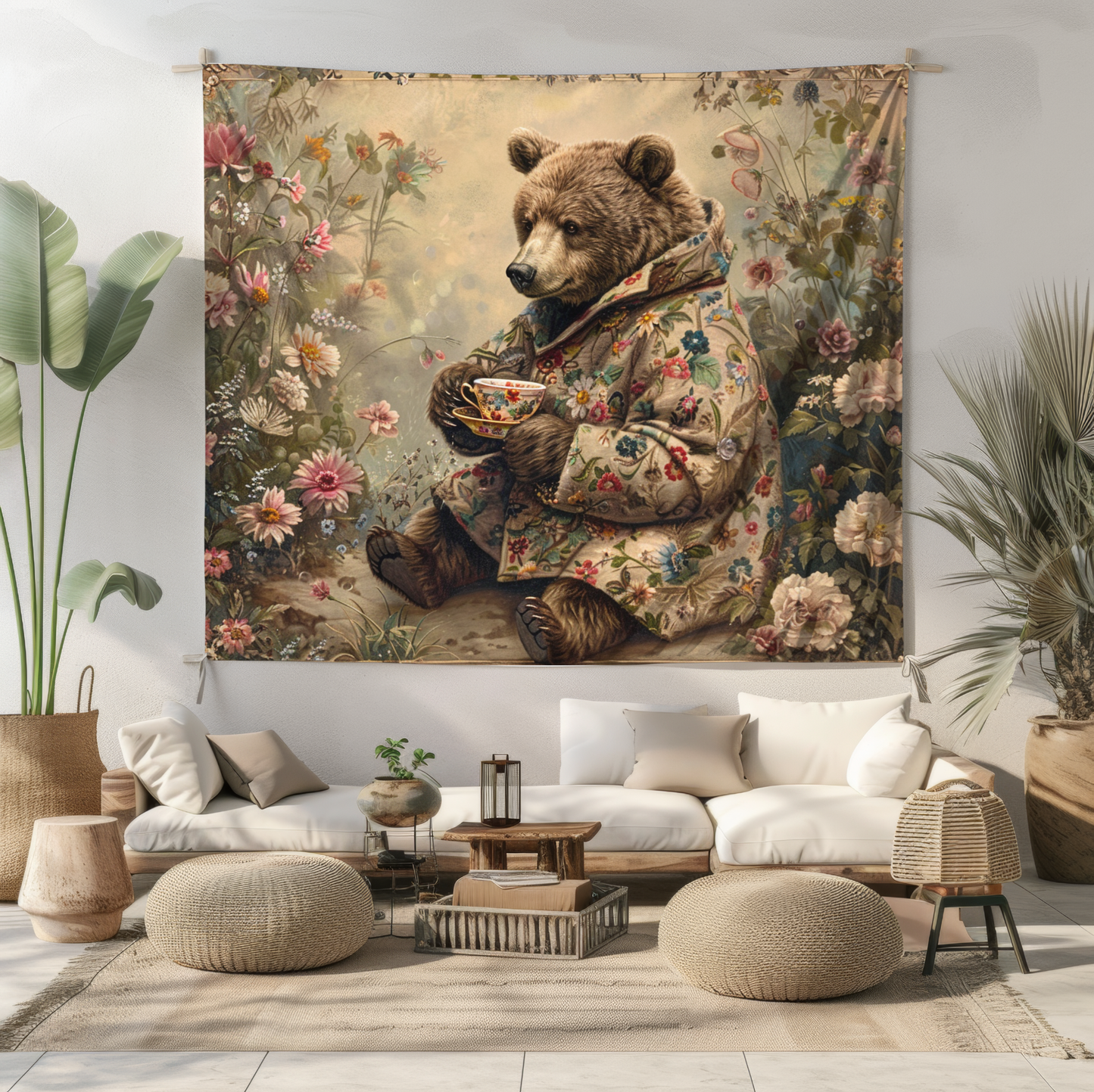 Bear Tea Time Tapestry Cozy Floral Wall Hanging