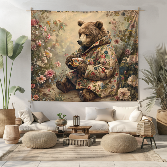 Bear Tea Time Tapestry Cozy Floral Wall Hanging