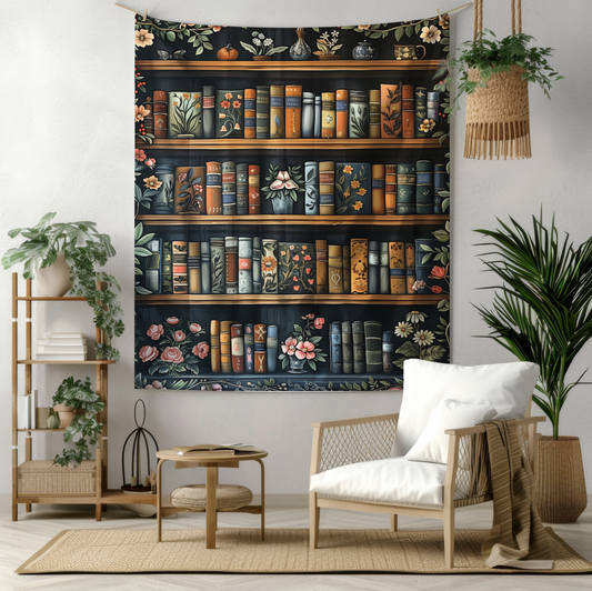 William Morris Inspired Vintage Bookshelf Botanical Indoor Wall Tapestries , Gift For Reader Person Tapestry, Boho Room Decor