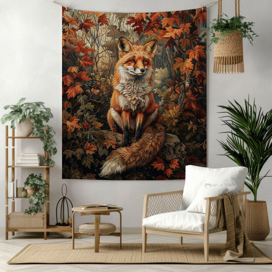 Tapestry of Woodland Fox Fall Aumtumn William Morris Medieval Style Wall Art Tapestry | Cottagecore Hanging and Home Decor