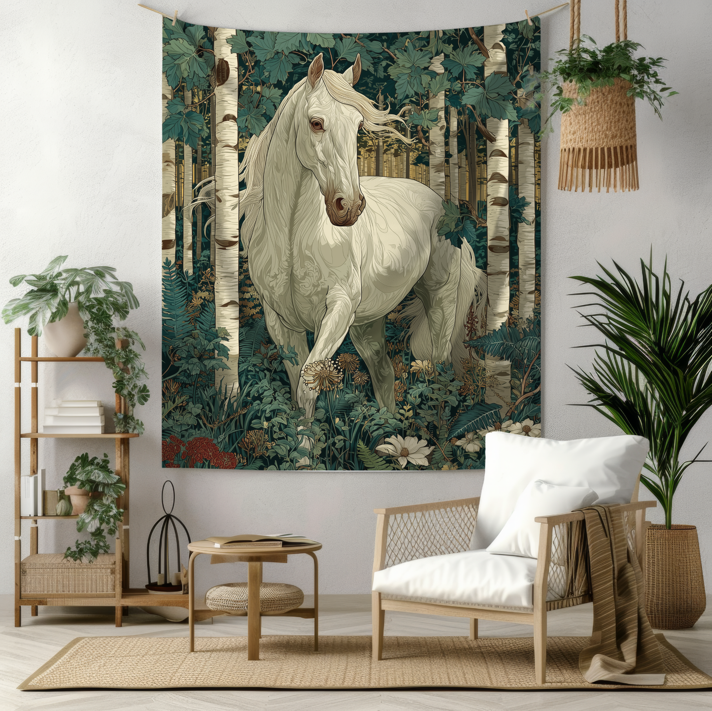 White Horse Forest Tapestry Birch Woodland Botanical Wall Hanging
