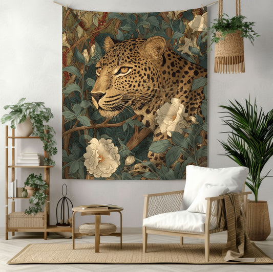 Vintage Leopard Botanical Tapestry, Elegant Jungle Floral Wall Hanging