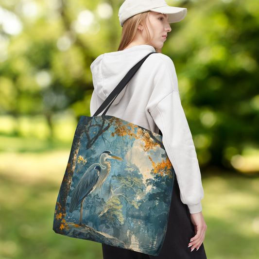 Heron Forest Tote Bag | Misty Woodland Bird Market Bag