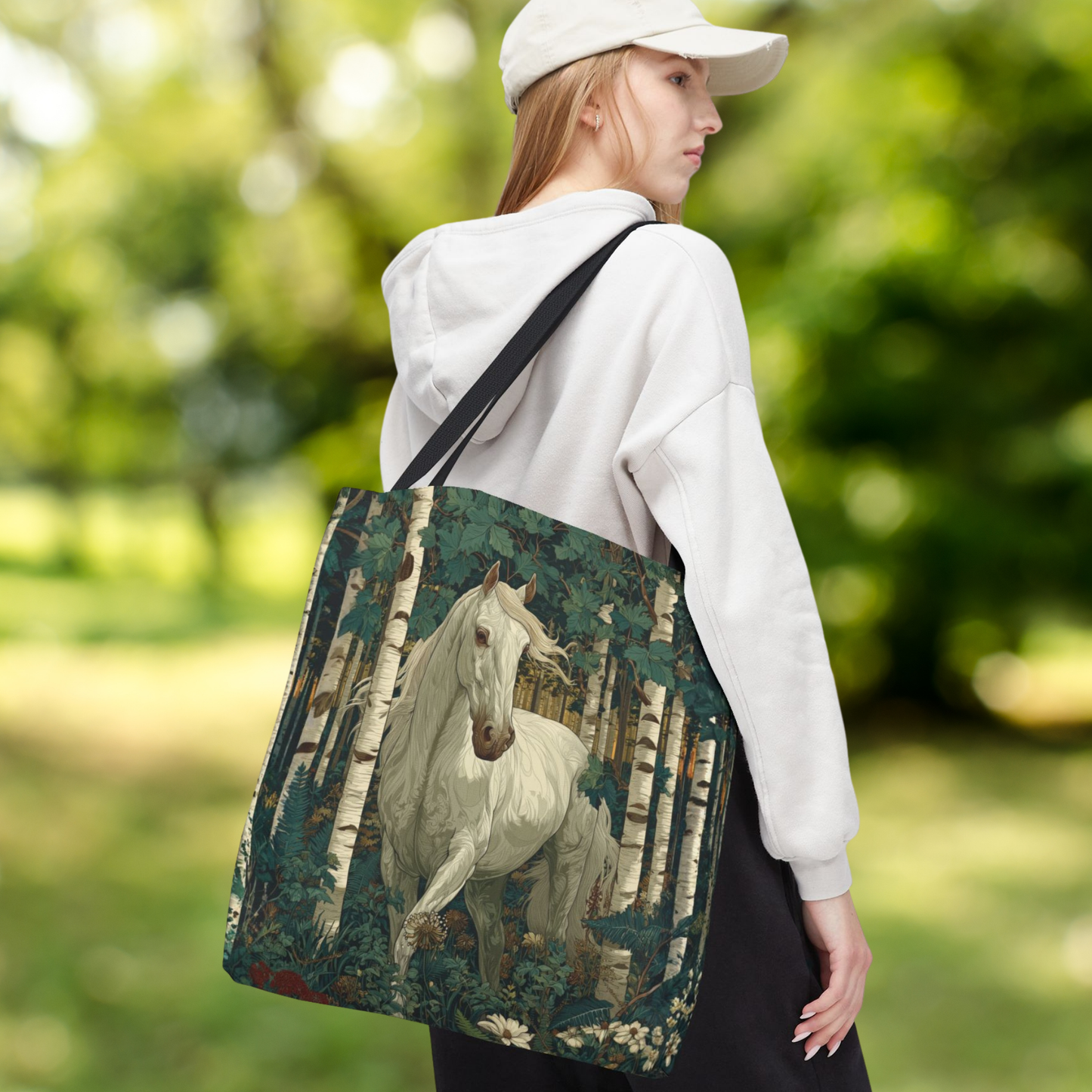 William Morris Inspired White Horse Forest Tote Bag | Woodland Stallion Market Bag
