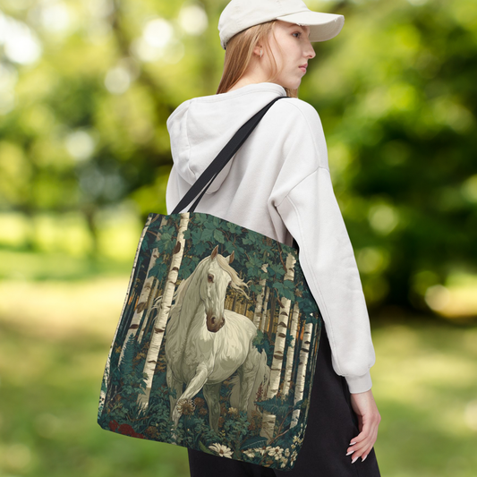 William Morris Inspired White Horse Forest Tote Bag | Woodland Stallion Market Bag