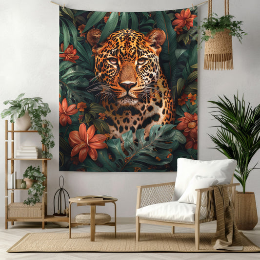 Jungle Leopard Portrait Tapestry, Botanical Wildlife Wall Hanging