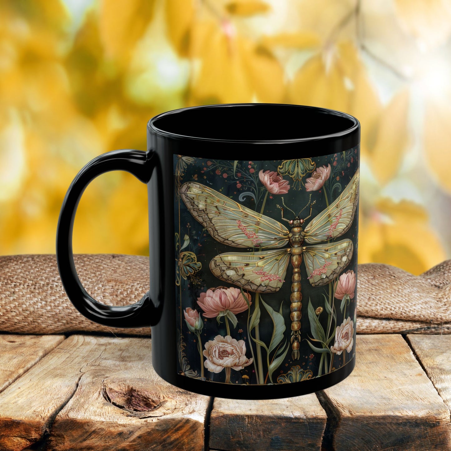 Victorian Dragonfly Coffee Mug, William Morris Inspired Pink Floral Black Ceramic Cup (11oz, 15oz)