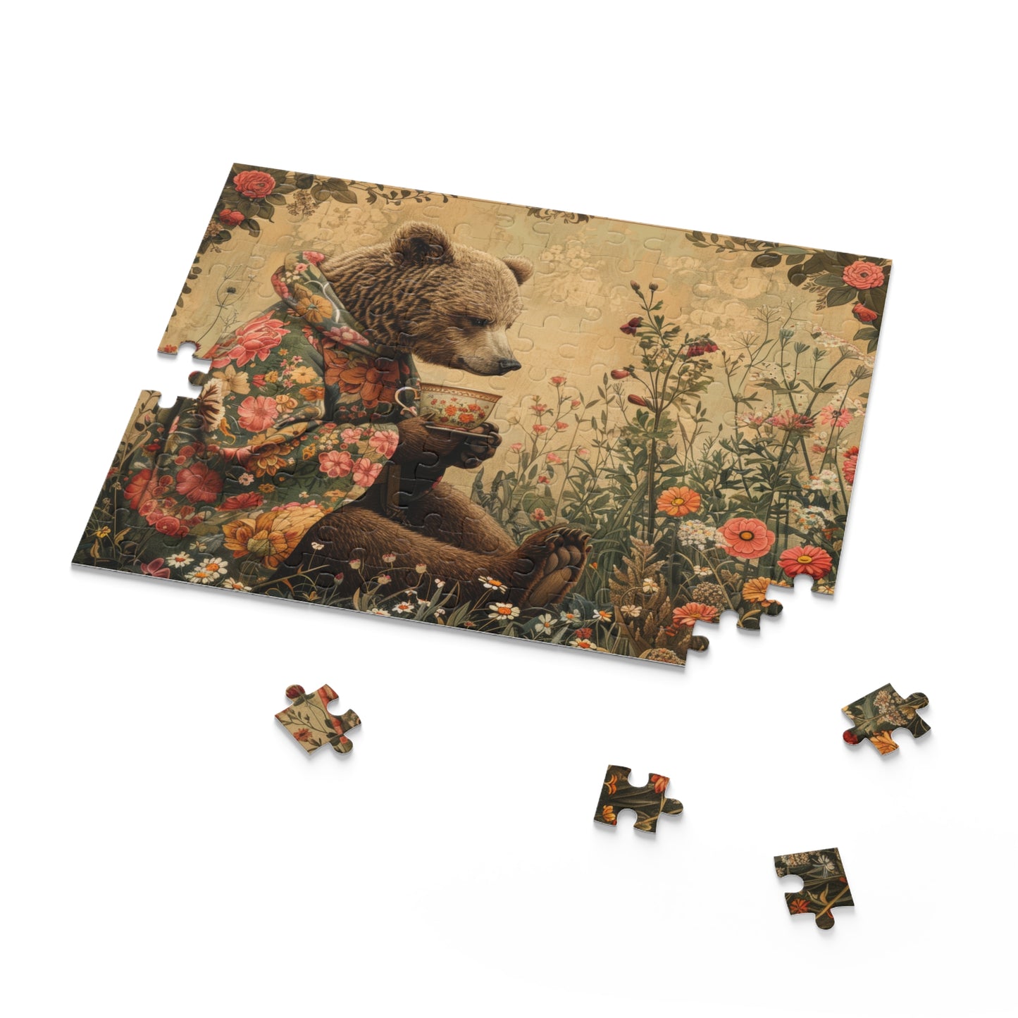 Tea Time Bear Wildflower in William Morris Style (120, 252, 500-Piece) Adult Jigsaw Puzzle, Gift Him Her