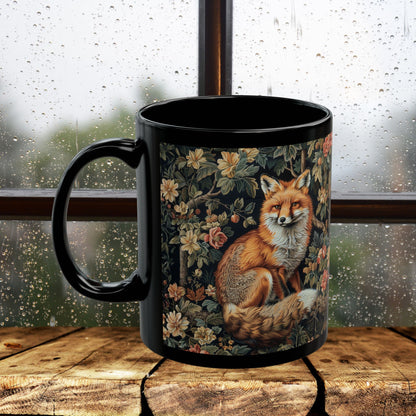 Forest Fox William Morris Inspired | Fox Ancient Black Coffee Mug For Her Him Ceramic Mug Black Mug 11oz, 15oz