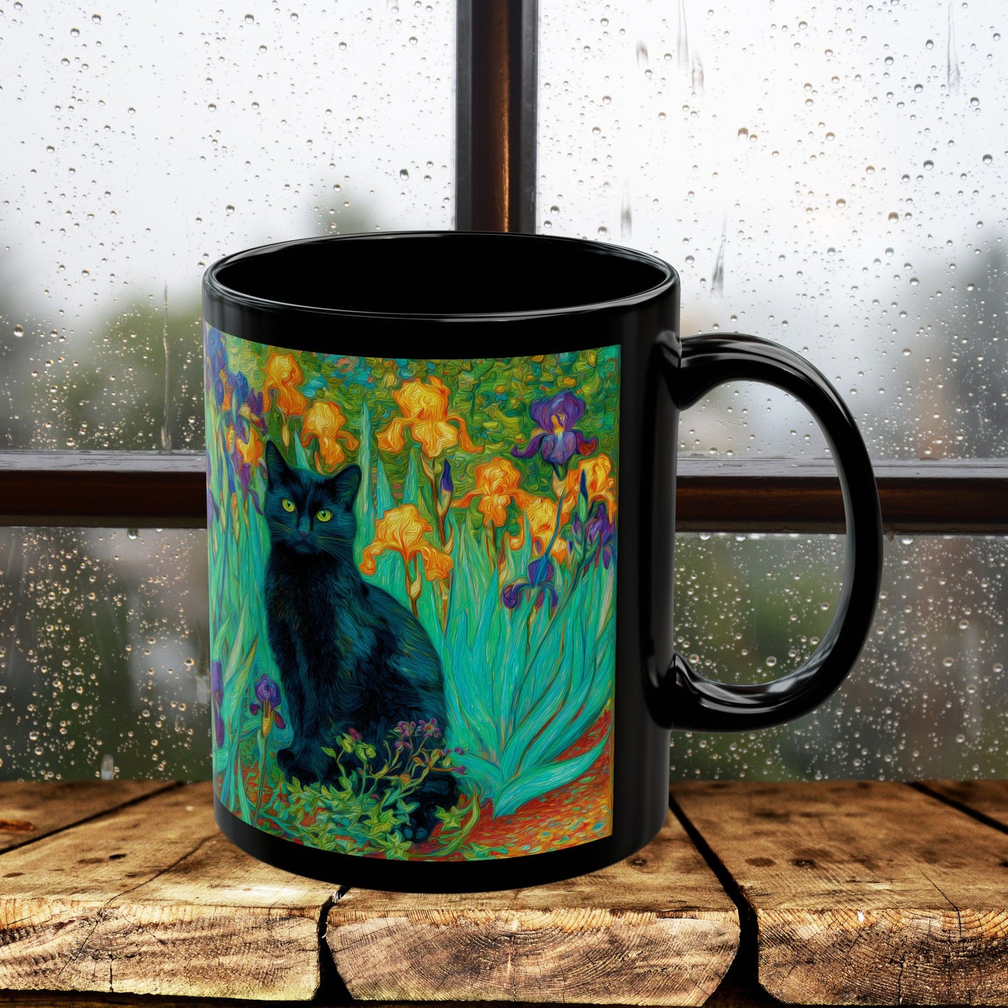 Black Cat Iris Mug, Van Gogh Inspired Cat Art Mug, Colorful Impressionist Floral Black Ceramic Mug, Artistic Cat Lover Gift, 11oz & 15oz