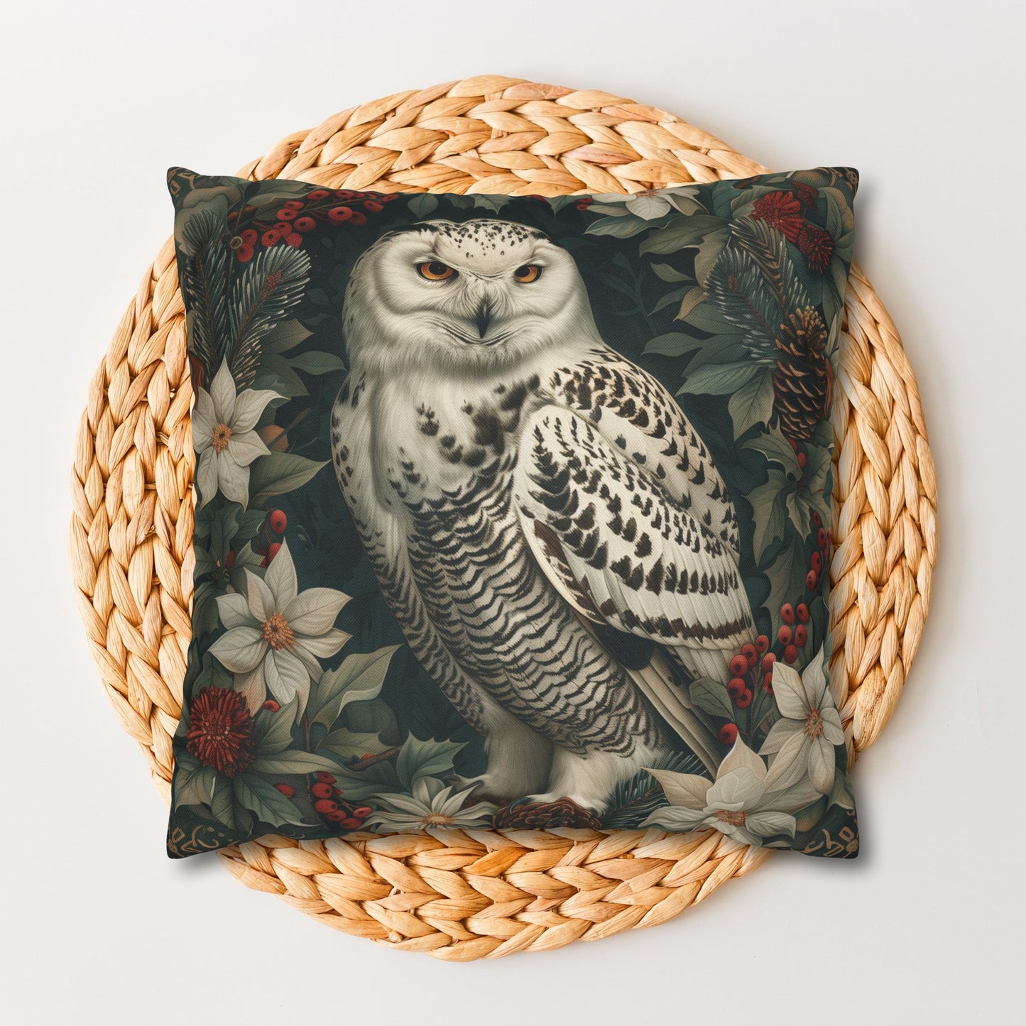 Snowy Owl Pillowcase, Winter Woodland Cushion, William Morris Inspired