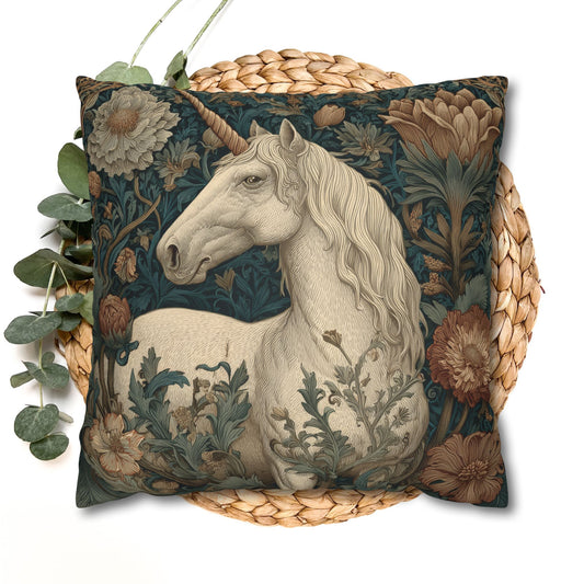 Unicorn Floral Pillowcase, Enchanted Woodland Unicorn Cushion, Vintage Tapestry Decor