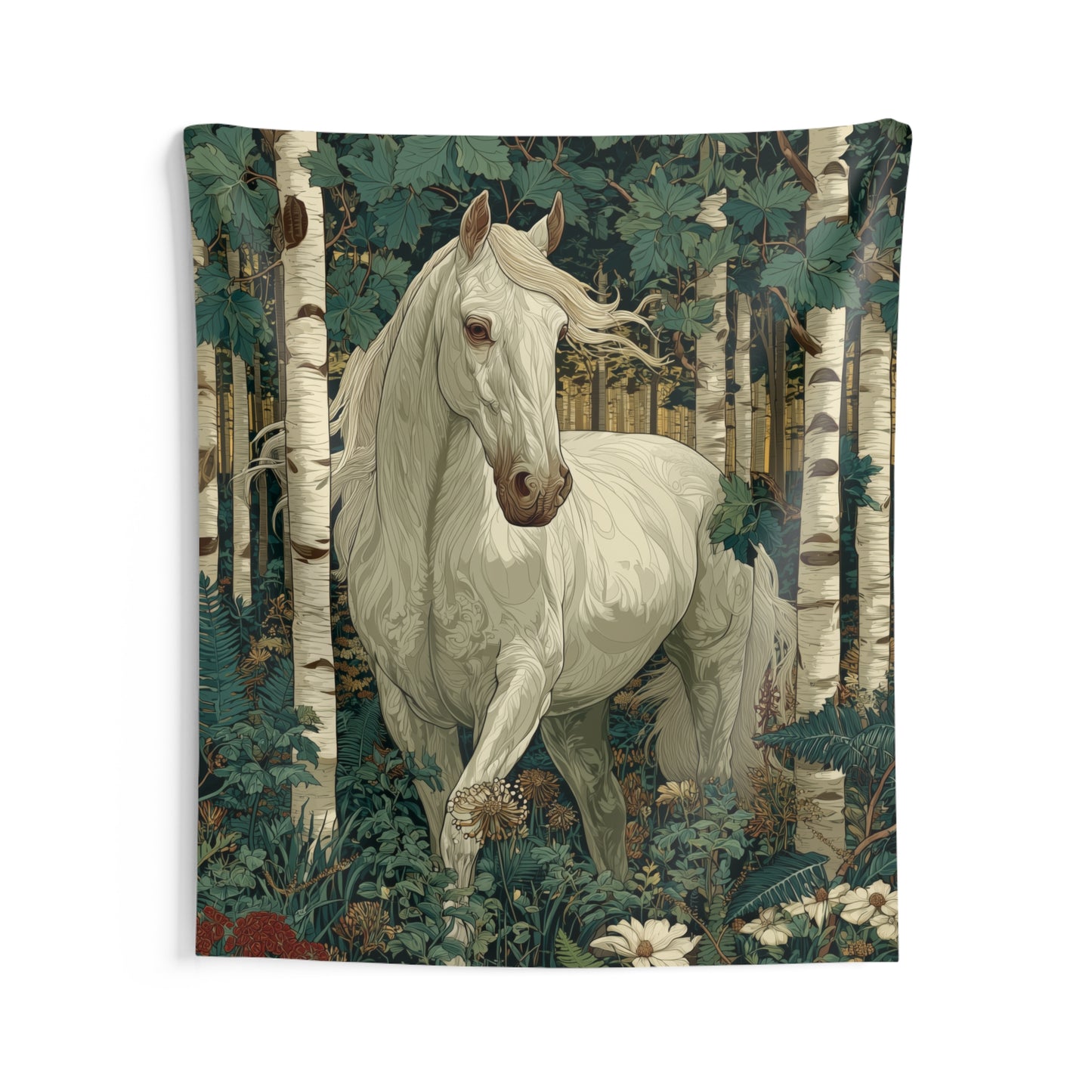 White Horse Forest Tapestry Birch Woodland Botanical Wall Hanging