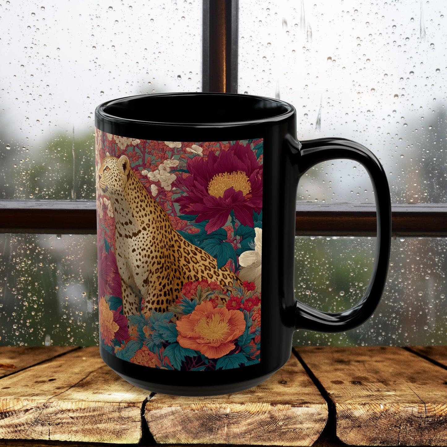 Floral Leopard Mug, Black Ceramic Jungle Coffee Cup 11oz & 15oz – Tropical Wild Cat Art Gift for Animal Lovers & Home Decor