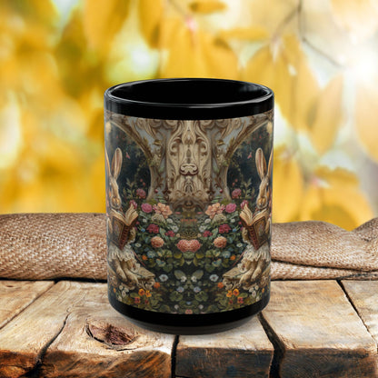 Whimsical Rabbit Black Mug, Easter Bunny Coffee Cup, Floral Decor Coffee Mug, Cute Animal Gift, Morning Tea Mug